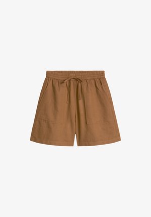 Bruine katoenen shorts met elastische tailleband, verstelbaar trekkoord en voorzakken aan beide zijden.