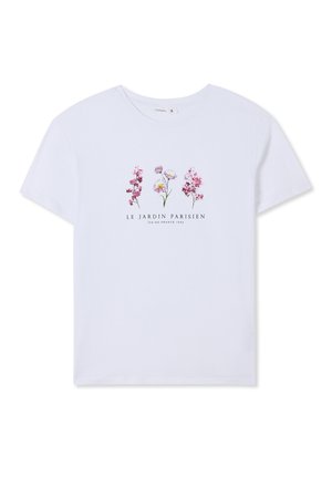 Biała bawełniana koszulka z krótkim rękawem, ozdobiona kwiatowym nadrukiem w odcieniach różu i fioletu. Poniżej napis "LE JARDIN PARISIEN."