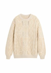 Krémszínű kötött pulóver bonyolult kötéstechnikai és csipkemintákkal, bordázott mandzsettákkal, szegéllyel és kerek nyakkivágással.