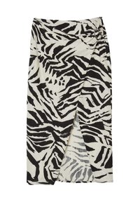 Wickelrock im gemusterten schwarz-weißen Zebra-Druck mit seitlichem Knoten und silbernen Hardware-Akzenten. Hergestellt aus leichtem, strukturiertem Stoff.