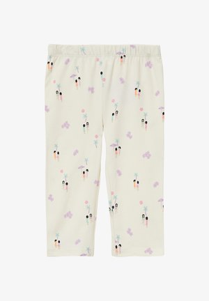 Helle Cremetights aus einem weichen Baumwollgemisch, mit einem verspielten Muster aus kleinen Figuren, Palmen und verschiedenen bunten Kugeln.