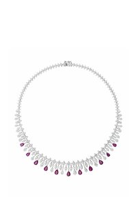 Diamond-studded necklace featuring alternating pear-shaped rubies and teardrop diamonds, set in a white metal chain with a secure clasp.