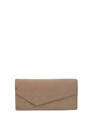 Bolso de mano tipo clutch de Peter Kaiser en color topo, con solapa cosida en forma de sobre y un pequeño logotipo metálico, sobre un fondo blanco.