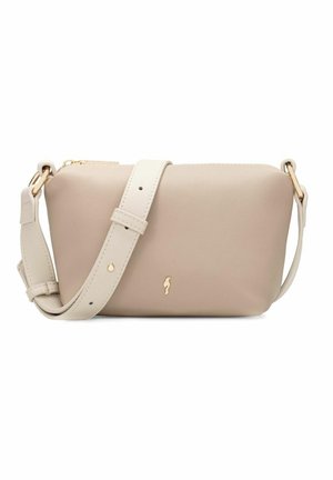Beżowa skórzana torba na ramię z regulowanym paskiem, złotym zamkiem błyskawicznym i małym złotym logo na środku przodu.
