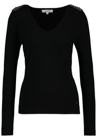 Pull noir à manches longues en V, fabriqué à partir d'un tissu doux, présentant des accents de perlesintriqués sur une épaule et une silhouette ajustée.