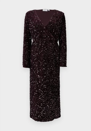 Bordeaux sequin wikkel jurk, lange mouwen, vloerlengte, v-hals, textuur met verspreide glimmende pailletten, effen donkere voering.