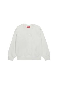 Felpa bianca in cotone, con collo tondo, polsini a costine e un piccolo logo sul fronte. Etichetta rossa del brand sul collo.
