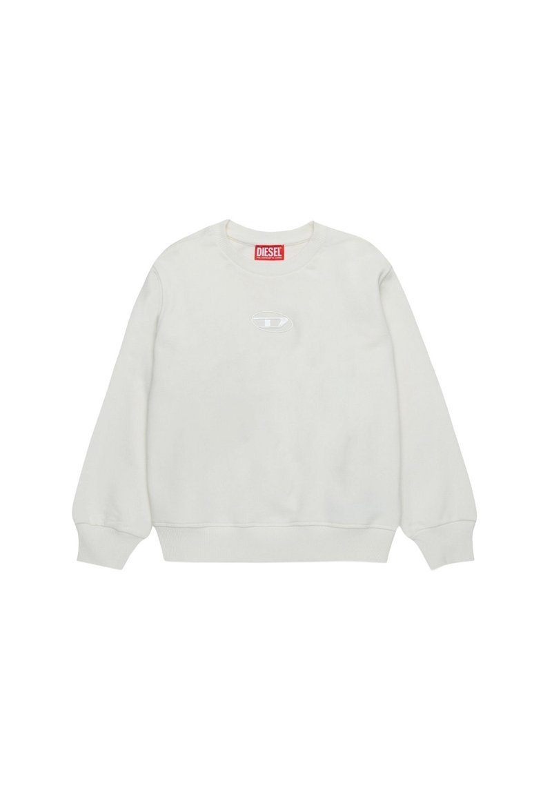 Felpa bianca in cotone, con collo tondo, polsini a costine e un piccolo logo sul fronte. Etichetta rossa del brand sul collo.