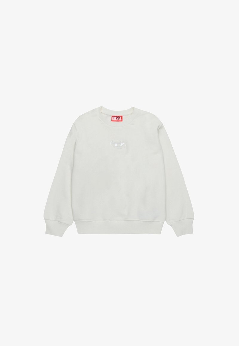 Felpa bianca in cotone, con collo tondo, polsini a costine e un piccolo logo sul fronte. Etichetta rossa del brand sul collo.