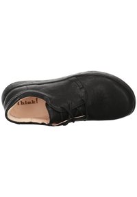 Chaussure en cuir noir avec un bout rond, design à lacets, texture douce et semelle durable. L'intérieur est doté d'un revêtement de couleur claire.