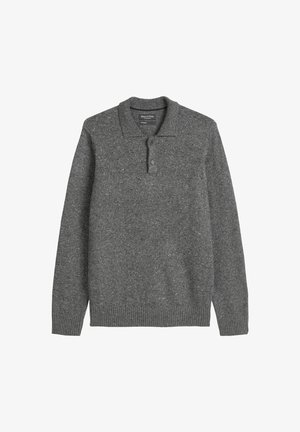 Grijze langharige polo met een gestructureerde stof, een kraag en een knoopsluiting met drie knopen, voorzien van geribbelde mouwen en zoom.
