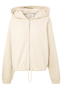 Sweat à capuche beige zippé avec ourlet à cordon, poignets élastiques et grande capuche, présenté sur un fond blanc.