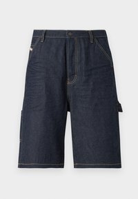 Mørkeblå denimshorts med rett snitt, fem lommer, gule sømdetaljer og en sidelomme for økt funksjonalitet.