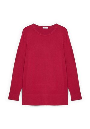 Suéter rojo de manga larga con cuello redondo, hecho de tela suave. Presenta un ajuste relajado y un detalle de dobladillo contrastante en la parte inferior.