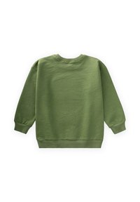 Sudadera de algodón verde con mangas largas, escote redondo, puños y dobladillo de canalé. Textura suave con un acabado de color sólido.