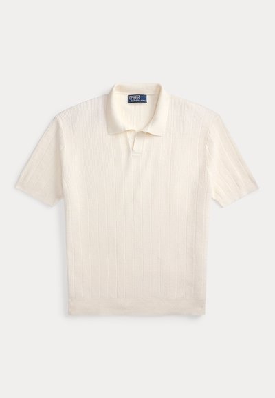 Short-sleeve cream knit polo shirt with textured vertical stripes and a folded collar, laid flat on a white background.