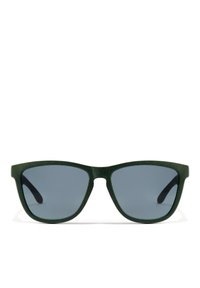 Green sunglasses with a matte texture, square shape, and dark blue lenses. Features thick frames and slender arms.