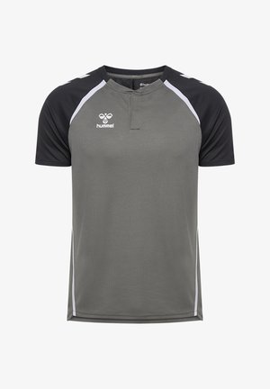 Dunkelgraues Sportshirt mit kurzen Ärmeln, schwarzen Akzenten an den Schultern, weißem Saum und einer strukturierten Stofftextur. Logo auf der Brust.