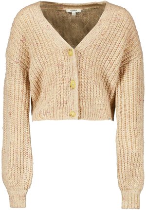 Cardigan beige lavorato a maglia con scollo a V, maniche lunghe e tre bottoni gialli. Presenta un motivo a trama e una lunghezza corta.
