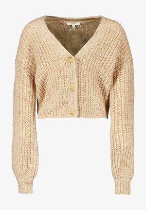 Beige strikket cardigan med V-hals, lange ærmer og tre gule knapper. Har et tekstureret mønster og cropped længde.