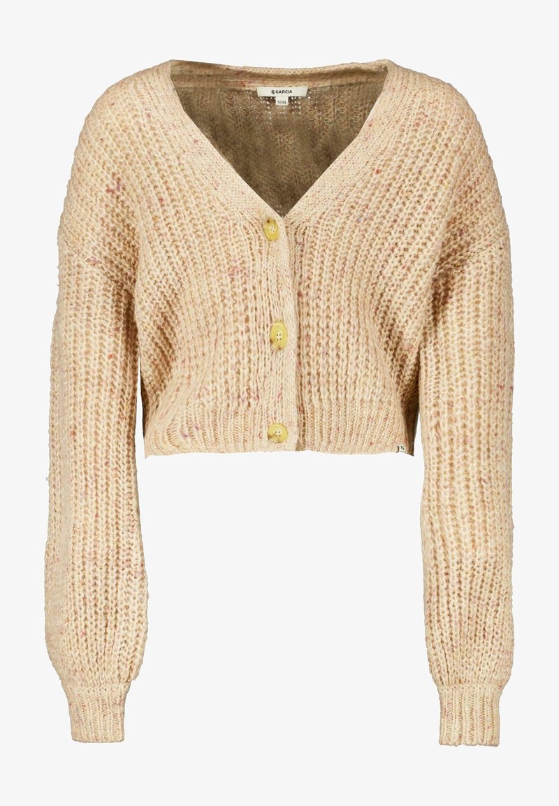 Cardigan beige en tricot avec col en V, manches longues et trois boutons jaunes. Présente un motif texturé et une longueur raccourcie.