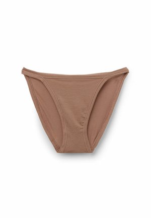 Culottes de bikini brunes pour femmes posées à plat, mettant en avant un tissu doux et un design simple, sans motifs ni embellissements visibles.