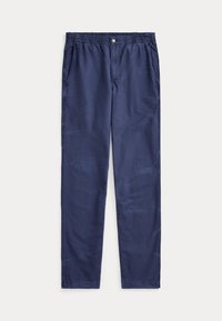 Tummansininen, kevyt housut, joissa on joustava vyötärö, kaksi sivutaskua ja suora lahkeiden muoto. Sileä pinta, jossa on hienovaraisia ryppyjä.