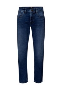 Granatowe jeansy z denimu, o prostym kroju nogawki, pięciu kieszeniach oraz standardowym zapięciu na suwak i guzik. Gładka tekstura.