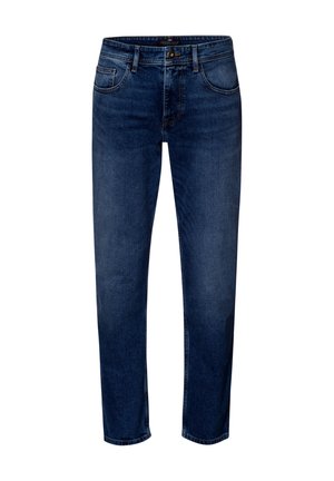 Granatowe jeansy z denimu, o prostym kroju nogawki, pięciu kieszeniach oraz standardowym zapięciu na suwak i guzik. Gładka tekstura.