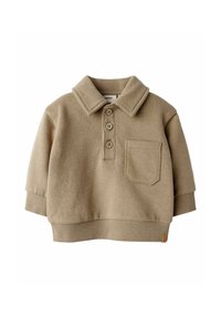 Suéter beige con cuello, cierre de tres botones y bolsillo en el pecho. Tejido suave con puños y dobladillo acanalados, con una pequeña etiqueta de logo.