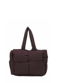 Borsa a mano imbottita di colore marrone scuro con due manici lunghi e un design trapuntato a quadri sul corpo.