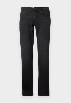 Jeans in denim nero con un design a gamba dritta. Le caratteristiche includono una chiusura con bottone, cinque tasche e dettagli di cucitura in vista.