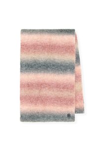 Bufanda de punto con suaves rayas horizontales en tonos de rosa, melocotón y gris, con textura acanalada y pequeño detalle de logotipo.