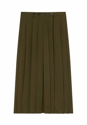 Jupe plissée vert olive réalisée dans un tissu lisse, dotée d'une ceinture plate avec deux boutons noirs en haut.