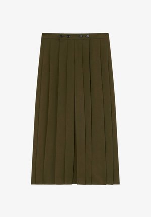 Jupe plissée vert olive réalisée dans un tissu lisse, dotée d'une ceinture plate avec deux boutons noirs en haut.