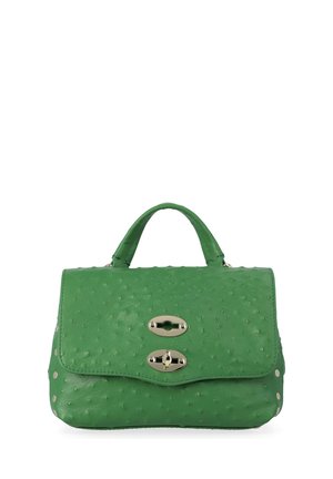 Sac à main en cuir vert avec motif texturé, fermoir tourniquet argenté et poignée supérieure, présenté sur un fond blanc.