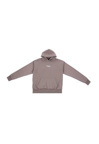 Kapuzensweatshirt in einem gedämpften Braunton, mit einer Vorderasche, Rippbündchen und einem schlichten weißen Logo auf der Brust.