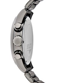 Montre en acier inoxydable avec un boîtier en argent poli, dotée de deux poussoirs et d'une couronne, fixée à un bracelet à trois maillons. Conception de dos minimaliste.