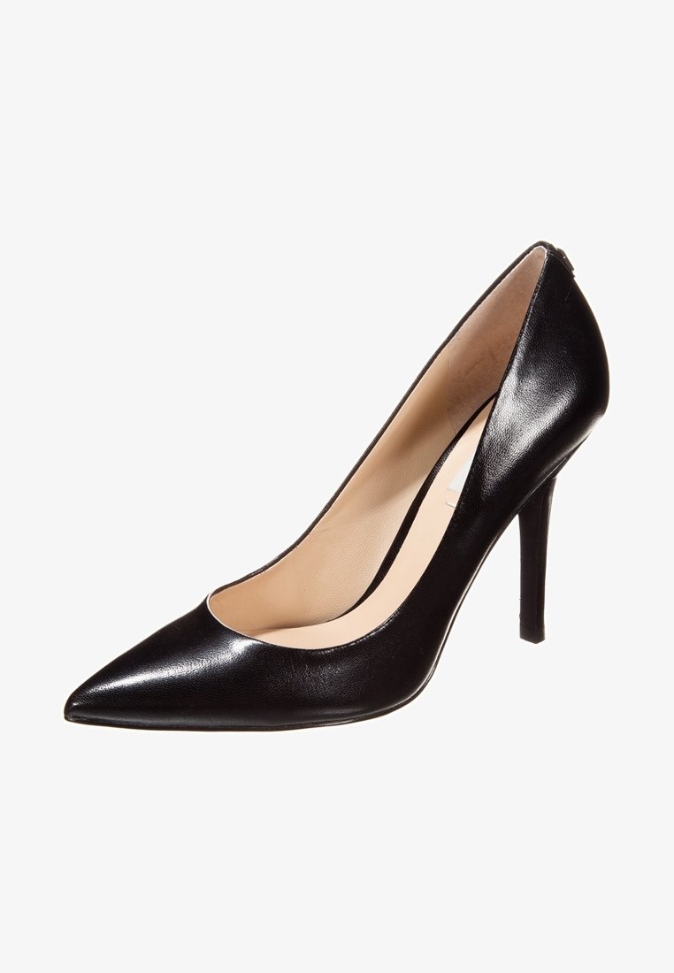 Escarpin pour femme en cuir noir à talon haut avec bout pointu et doublure intérieure beige, présenté en angle vers la droite sur fond blanc.