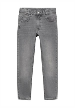 Jeans din denim gri, cu croi slim, design cu cinci buzunare și închidere frontală cu nasture. Textură moale și finisaj clasic spălat.
