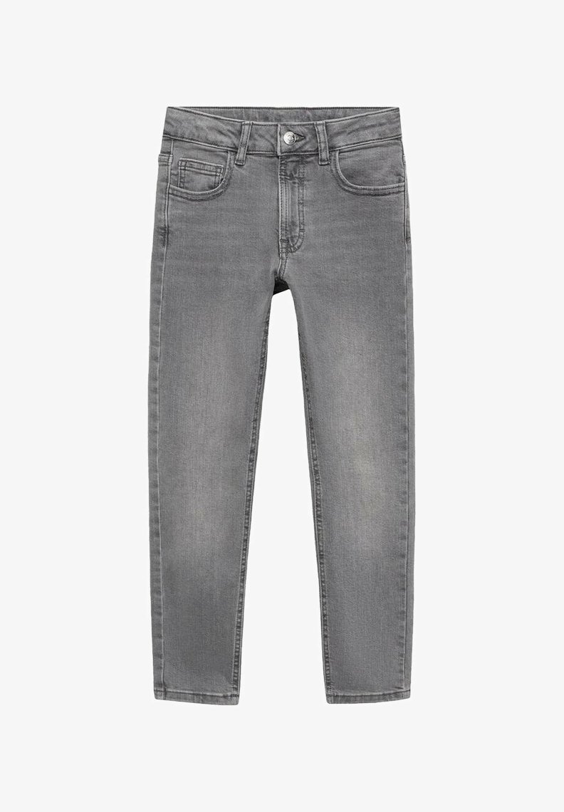 Sive traperice s uskim krojem, pet džepova i zatvaranjem na gumb sprijeda. Mekana tekstura i klasičan oprani izgled.