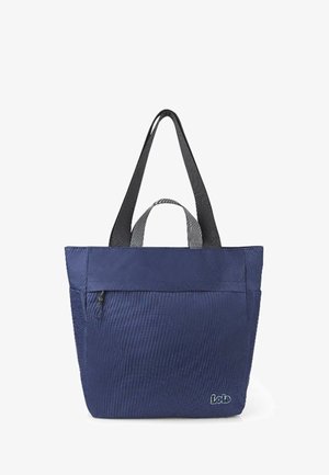 Bolso de mano marino con tela texturizada, asas negras duales, bolsillo frontal con cremallera y logotipo que adorna la parte inferior derecha.