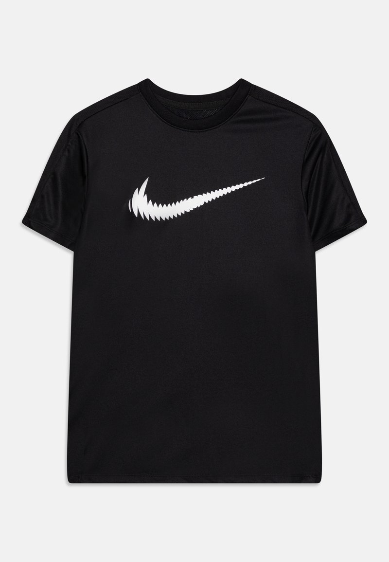 Czarny sportowy t-shirt z krótkim rękawem z białym logo Nike Swoosh, z wzorem w zygzak, okrągłym dekoltem i lekkim, przewiewnym materiałem.