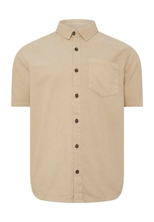 Beige kortærmet kordfløjls skjorte med knapper foran, krave og brystlomme på venstre side.