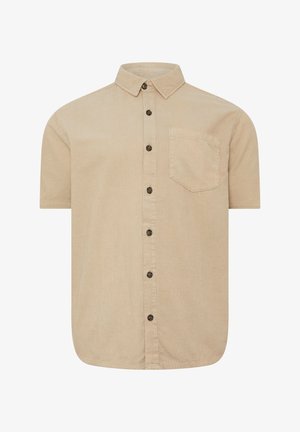 Beige kortærmet kordfløjls skjorte med knapper foran, krave og brystlomme på venstre side.