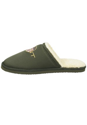 Green fabric slipper with a soft cream interior lining, featuring a shield logo and textured surface. Slip-on design, round toe.