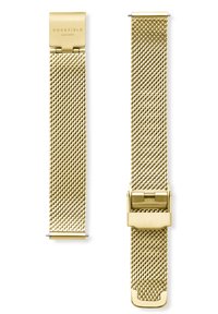 Correa de reloj de malla dorada con una superficie texturizada, que incluye un cierre de broche y una marca en la correa. Forma elegante y estrecha para un aspecto moderno.