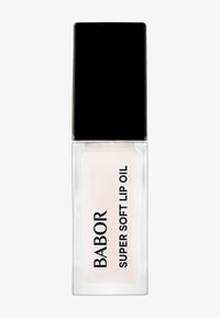 Genomskinlig glasflaska med svart kork; innehåller ljusrosa läppolja, märkt "BABOR SUPER SOFT LIP OIL" i fet svart text.