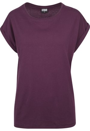 T-shirt in cotone viola, vestibilità ampia, scollatura rotonda, maniche corte arrotolate e orlo dritto. Design minimalista senza motivi o dettagli visibili.