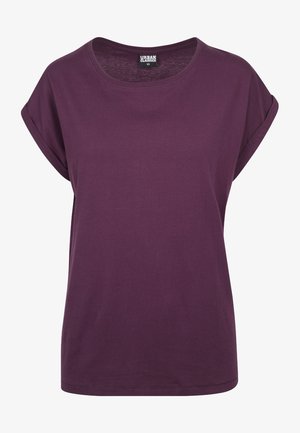 Paarse katoen t-shirt, losse pasvorm, ronde halslijn, opgerolde korte mouwen en een rechte zoom. Minimalistisch ontwerp zonder zichtbare patronen of accenten.